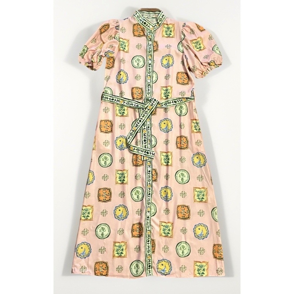SundayUp Linen Midi Dress Pink Scarf Print Tie Waist Puff Sleeve Womens Small